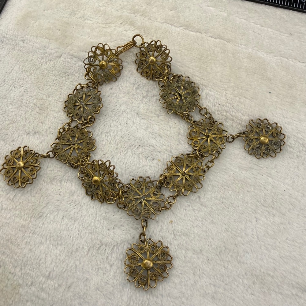 Vintage Filigree Flower Spun Silver Bracelet Gold Tone Ornate Dangle 8" READ
